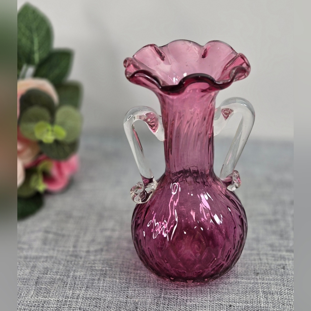 Vintage Rossi Italy Glass Hand Blown Art Cranberry Ruffled Small Vase W Handles